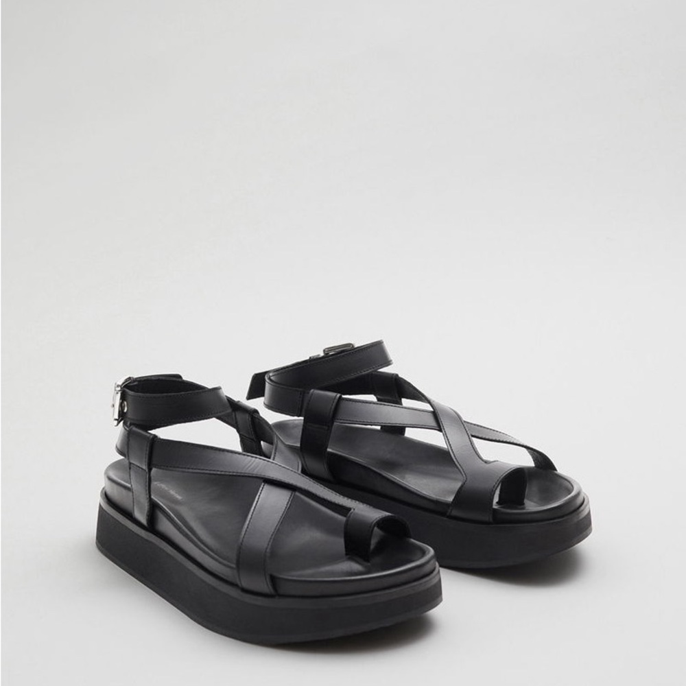 Black Women's Strappy Leather Sandals - Picture 3 of 7